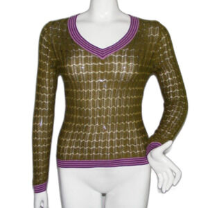 MISSONI For Target Sweater, M, Textured Olive Green/Purple Trim, Long sleeves